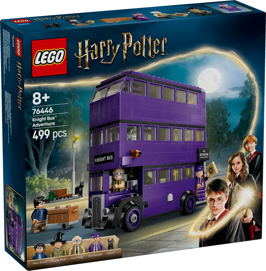 LEGO Harry Potter Knight Bus Adventure 76446 box art with Harry, Ron, and Hermione looking at the purple three-story bus.