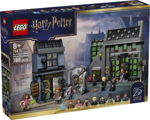 Front view of the LEGO Harry Potter 76471 Knockturn Alley Wizarding Shops box, showing the assembled model and minifigures.