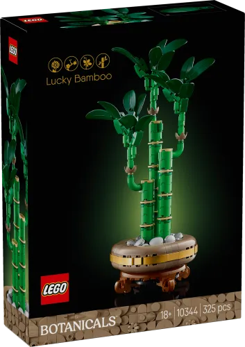 Front view of the LEGO Lucky Bamboo 10344 set box, featuring the assembled model with green bamboo stalks and leaves in a golden-rimmed pot, against a dark background, with LEGO and Botanicals branding.