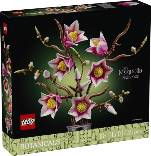 LEGO Magnolia Branches 11510 box front showing assembled model on dark background.