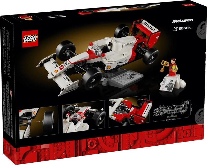Back view of the Lego McLaren MP4/4 & Ayrton Senna 10330 box, showing various angles of the car and minifigure with dimensions.