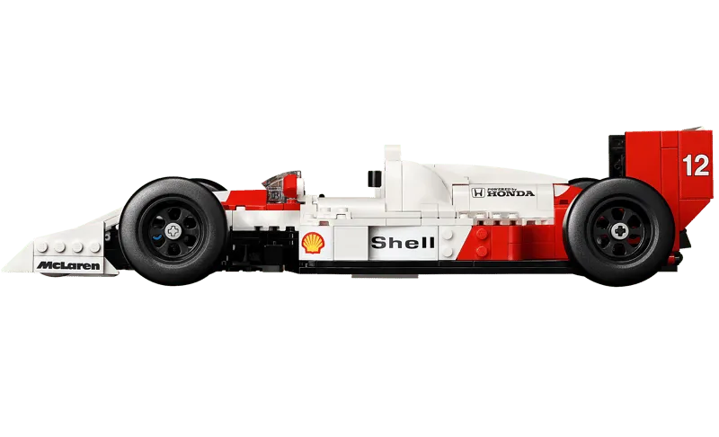 Side profile view of the Lego McLaren MP4/4 model, showcasing its aerodynamic design.