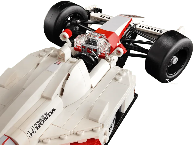 Close-up of the front suspension and cockpit area of the Lego McLaren MP4/4 model.