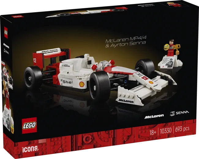 Front view of the Lego McLaren MP4/4 & Ayrton Senna 10330 box, showcasing the built car, minifigure, and set details.