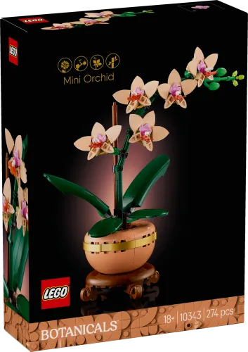 LEGO Botanicals Mini Orchid 10343 set box, showing the assembled model with a dark background.