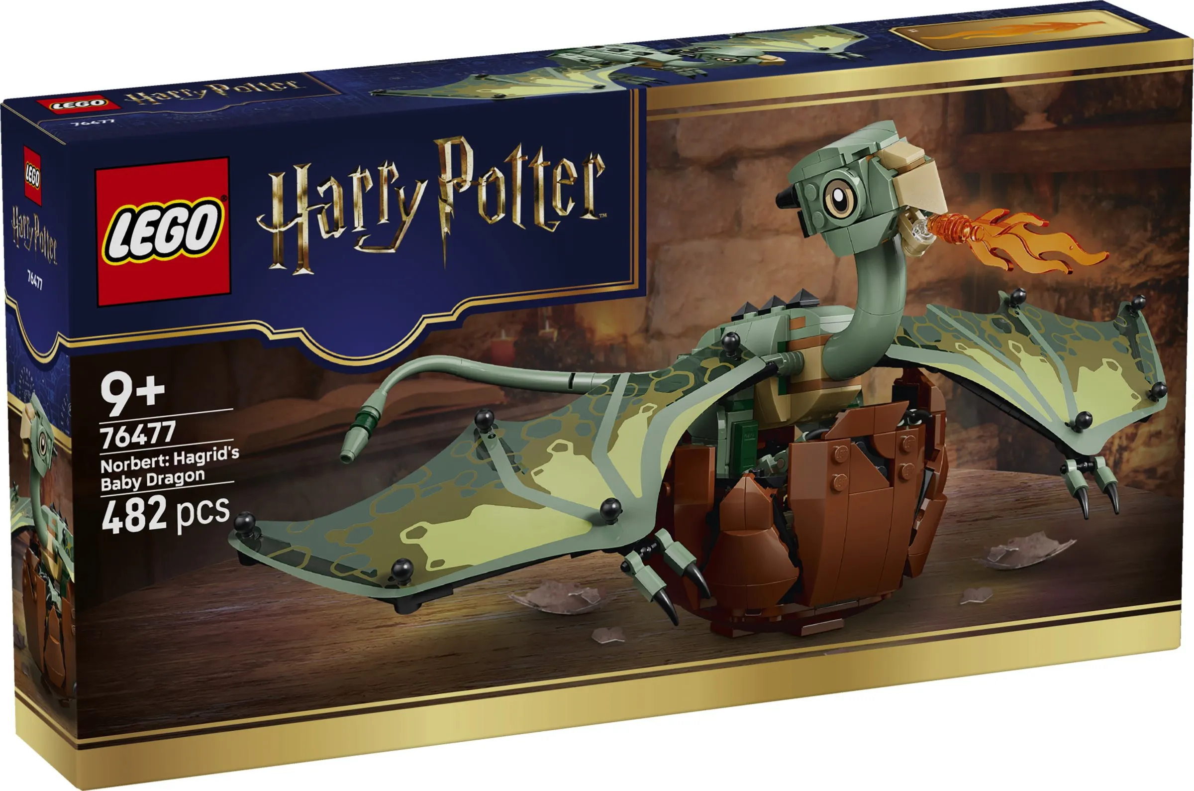 LEGO Harry Potter 76477 Norbert: Hagrid's Baby Dragon box front with the dragon hatching from an egg.