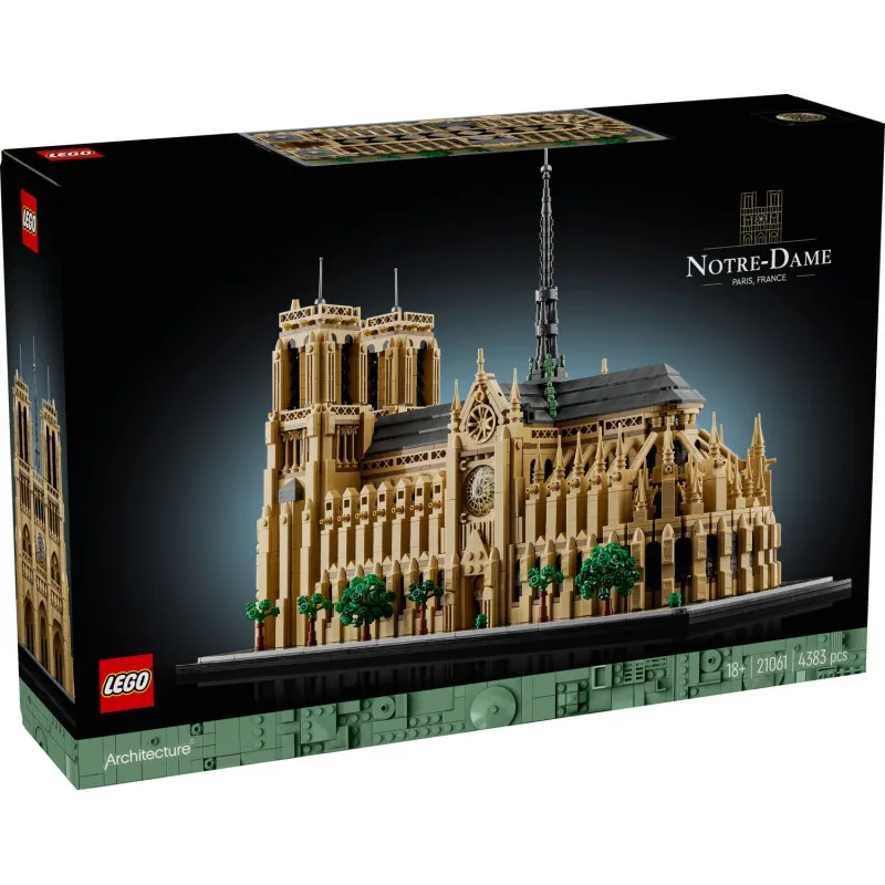 Fully assembled Lego Notre-Dame de Paris 21061 model from an angled perspective, highlighting the spires, roof, and flying buttresses against a clean white background.