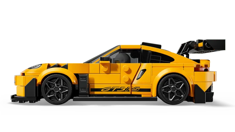 Side profile view of the completed Lego Porsche 911 GT3 RS car, showing 'GT3 RS' detailing.