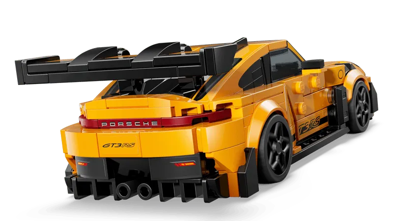 Rear view of the completed Lego Porsche 911 GT3 RS car, highlighting the large spoiler and exhaust.