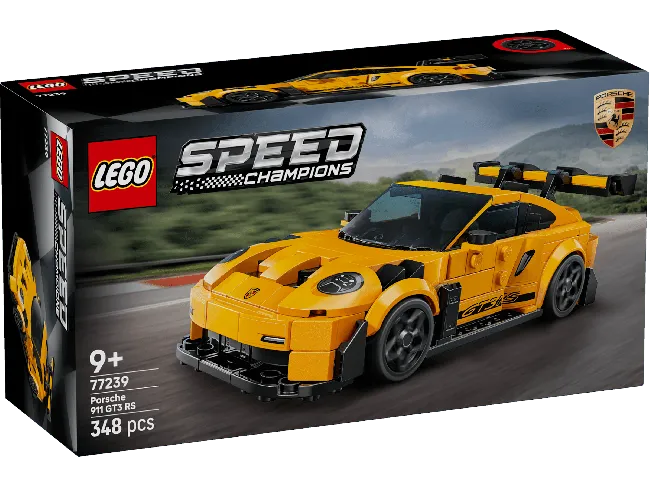 Front view of the Lego Porsche 911 GT3 RS Super Car 77239 box, showcasing the yellow car on a track.