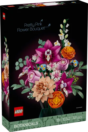 Front view of the LEGO Pretty Pink Flower Bouquet 10342 box.