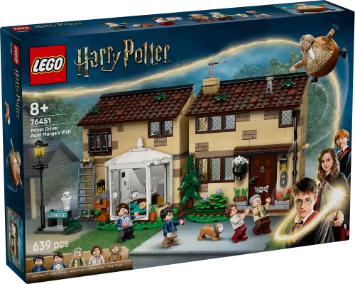 The box for the LEGO Harry Potter set 76451, Privet Drive: Aunt Marge's Visit, featuring the house, minifigures including Harry Potter, Ron Weasley, Hermione Granger, Dudley Dursley, Vernon Dursley, Petunia Dursley, and a floating Aunt Marge. The box indicates 639 pieces and an age range of 8+.