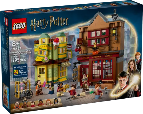 LEGO Harry Potter Quality Quidditch Supplies & Ice Cream Parlour set box, showing the two buildings, minifigures, and the iconic Harry Potter logo.