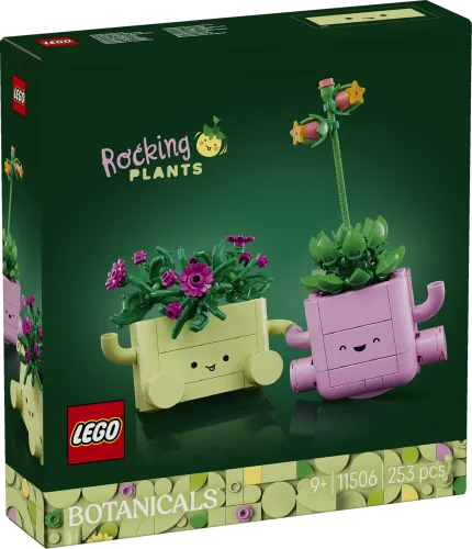 Front view of the LEGO Rocking Plants 11506 box, showing two smiling brick-built potted plants, one light green with pink flowers and one light pink with a succulent and yellow flowers. The box is dark green with "Rocking Plants" and "BOTANICALS" text.