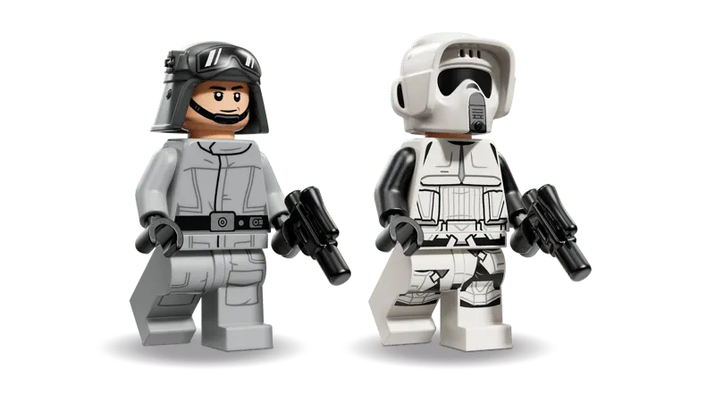 Close-up view of the Lego AT-ST Driver minifigure and Scout Trooper minifigure, both holding blasters, against a white background.