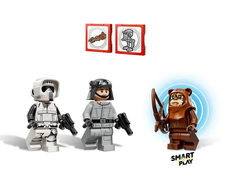 Lego AT-ST Driver, Scout Trooper, and Wicket minifigures arranged together, with a blue glow around Wicket and two Smart Tags floating above him, illustrating interactive character features.