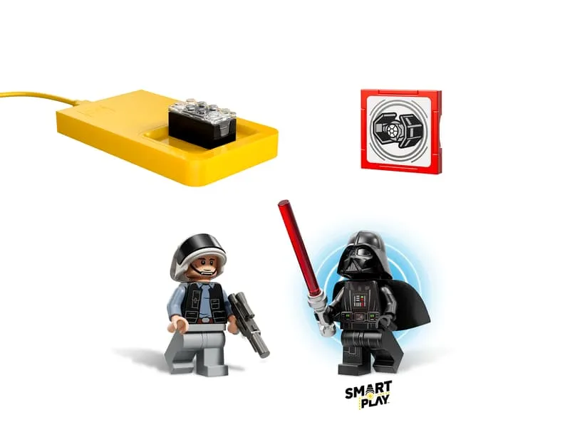 A collection of the LEGO Smart Play elements: the yellow Smart Charger with a Smart Brick on it, a red Smart Tag, and the Darth Vader and Rebel Fleet Trooper minifigures.
