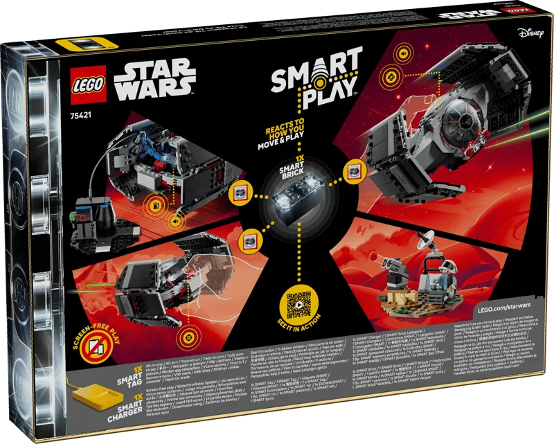 Rear view of the LEGO Star Wars 75421 Smart Play set box, detailing the interactive features with diagrams showing the Smart Brick, Smart Tag, and Smart Charger, along with a QR code for more information.