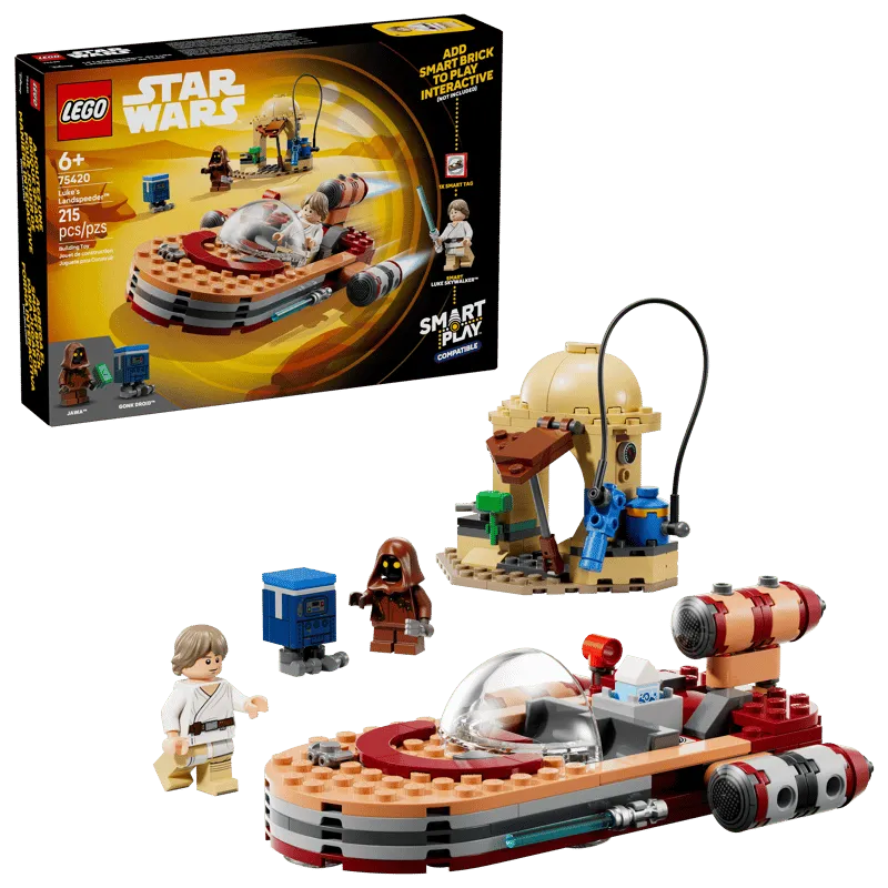 The complete LEGO Star Wars: Luke's Landspeeder 75420 set, including the product box, the assembled X-34 Landspeeder with Luke Skywalker, a Jawa minifigure, a GNK power droid, and a moisture vaporator build. The box shows '6+' age recommendation and '215 pcs/pzs'.