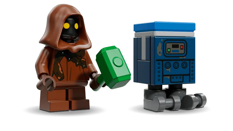 Close-up of the LEGO Jawa minifigure holding a green blaster hammer and the LEGO GNK power droid (Gonk droid) minifigure.
