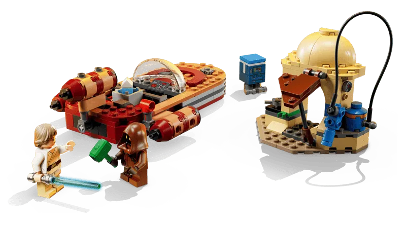 The LEGO Star Wars: Luke's Landspeeder 75420 set arranged, showing Luke Skywalker with his lightsaber facing the Jawa holding a hammer, next to the X-34 Landspeeder and the GNK power droid, with the moisture vaporator in the background.