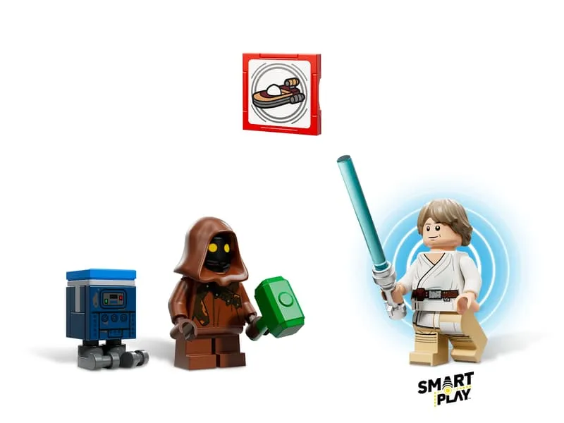 Three LEGO Star Wars minifigures: Luke Skywalker with a blue lightsaber, a Jawa holding a green blaster hammer, and a GNK power droid. A 'SMART PLAY' logo and a 'food dish' tile are also visible.