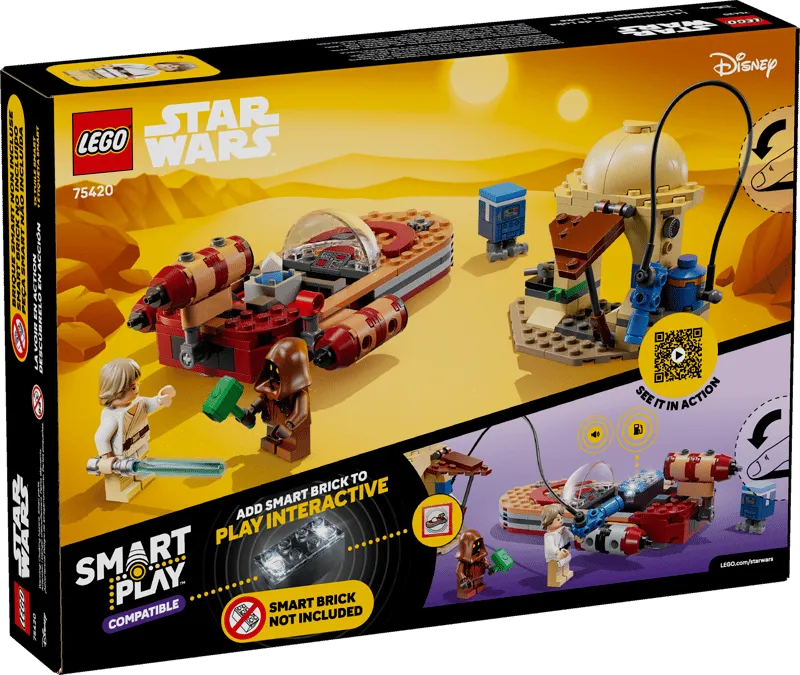 The back of the LEGO Star Wars: Luke's Landspeeder 75420 box, showing the set assembled with Luke Skywalker, a Jawa, a GNK power droid, the X-34 Landspeeder, and a moisture vaporator. It highlights the 'SMART PLAY' compatibility and the option to 'ADD SMART BRICK TO PLAY INTERACTIVE' (Smart Brick not included). A QR code for 'SEE IT IN ACTION' is visible.