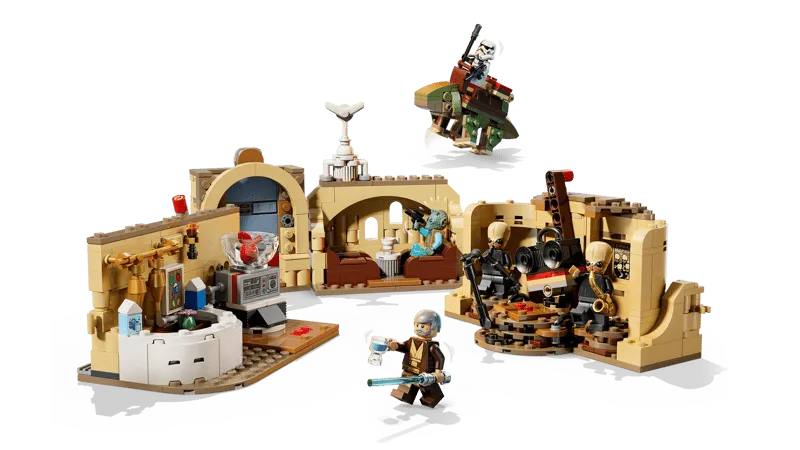The assembled Lego SMART Play Mos Eisley Cantina 75425 set with a Dewback-like creature seemingly flying above, featuring Obi-Wan Kenobi and a Stormtrooper minifigure.