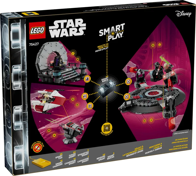Back of the LEGO Star Wars 75427 box, detailing the SMART Play™ features with a yellow Smart Brick charger, interactive modules, and action scenarios like the Throne Room duel and an A-Wing fighter.
