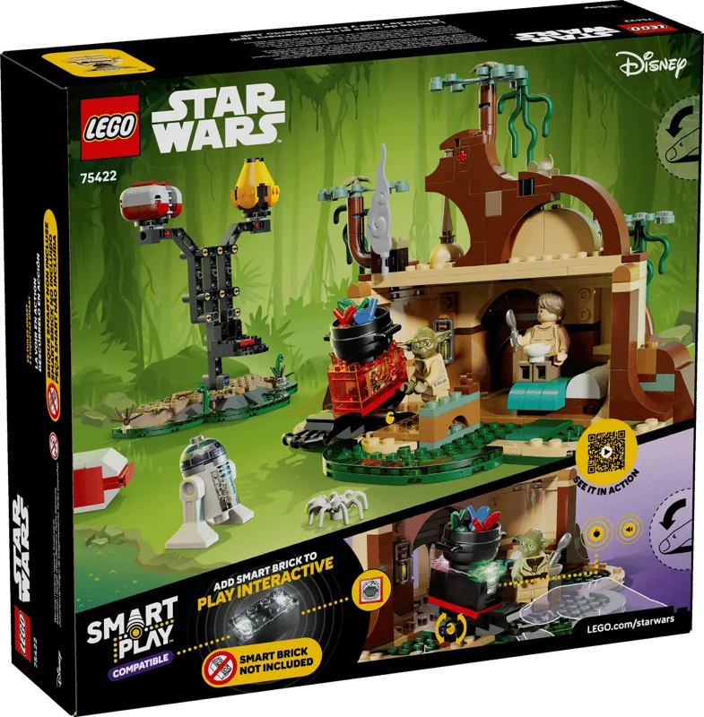 Lego SMART Play™: Yoda's Hut and Jedi Training 75422 back box art showcasing play features, interior details of the hut, and the 'Smart Brick Not Included' disclaimer.