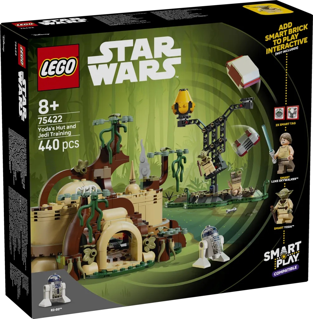 Lego SMART Play™: Yoda's Hut and Jedi Training 75422 front box art showing Yoda's hut, Jedi training area, Luke Skywalker, Yoda, and R2-D2 minifigures.