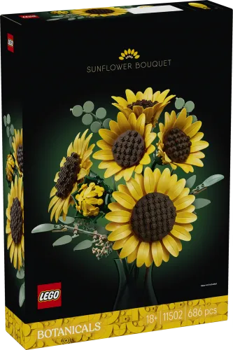 The front of the LEGO Sunflower Bouquet 11502 box, featuring a vibrant image of the constructed sunflower bouquet against a dark background, with the LEGO logo and set details visible.