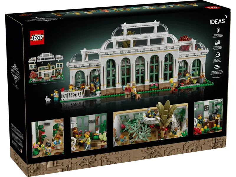Rear view of the Lego The Botanical Garden 21353 box, showcasing interior details and removable sections of the greenhouse model.