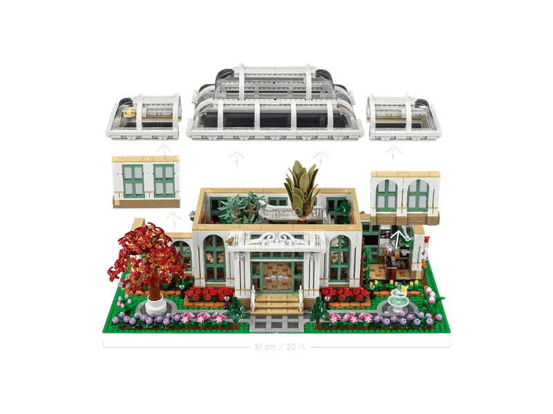 Exploded view of the Lego The Botanical Garden 21353 set, showing how the roof and wall sections are removable and indicating the overall width.