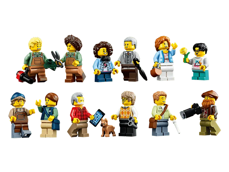 Lineup of all 12 minifigures and a small dog from the Lego The Botanical Garden 21353 set.