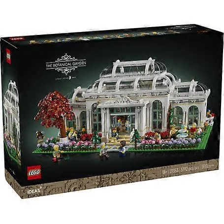 Front view of the Lego The Botanical Garden 21353 box, showing the grand Victorian greenhouse build on a black background.
