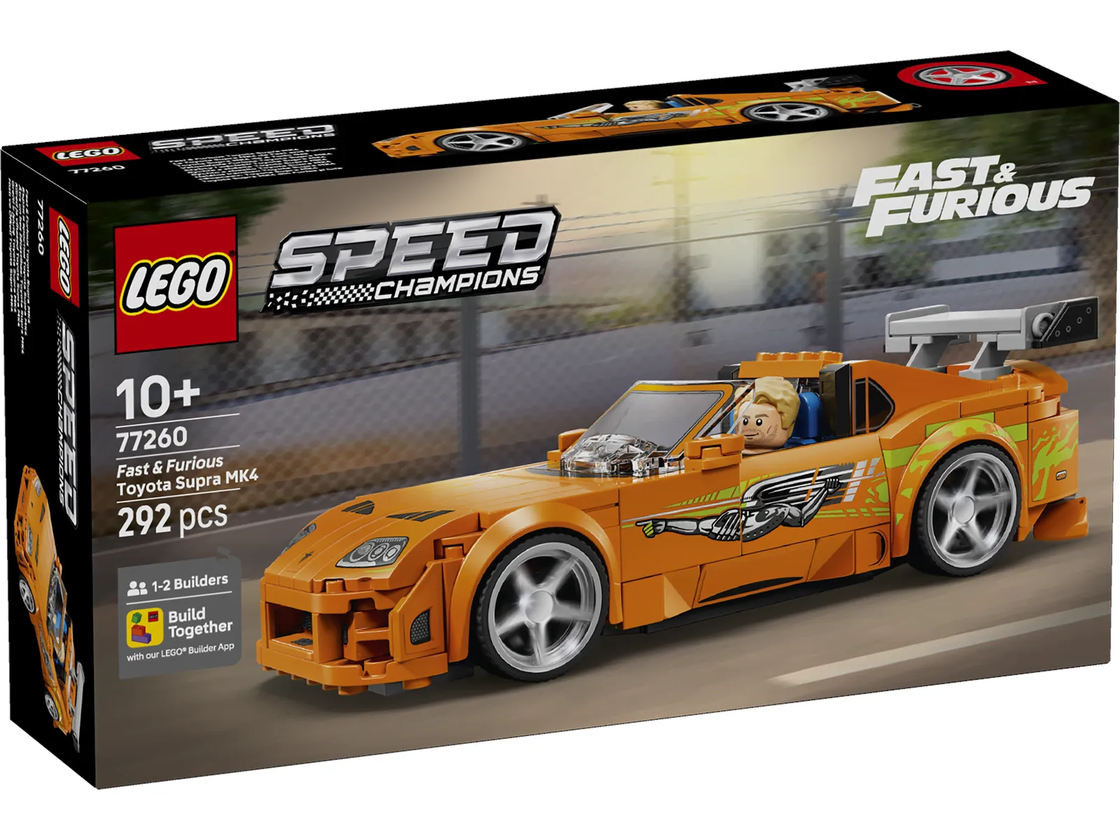 Front view of the Lego The Fast and The Furious Toyota Supra MK4 77260 box, showing the orange car, Brian O'Conner minifigure, and brand logos.
