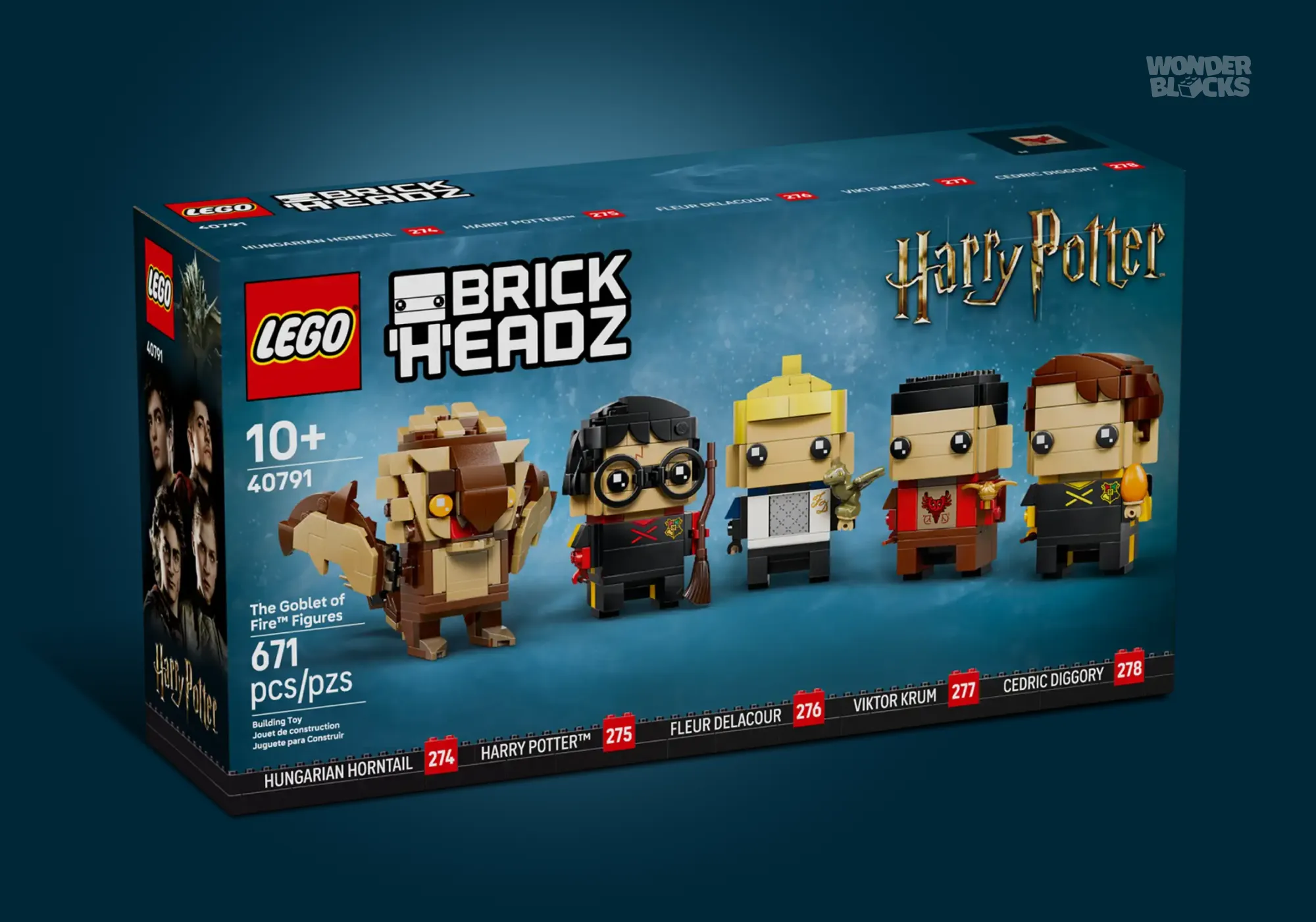 Front view of the LEGO BrickHeadz 40791 The Goblet of Fire Figures box, showcasing Harry Potter, Fleur Delacour, Viktor Krum, Cedric Diggory, and the Hungarian Horntail.