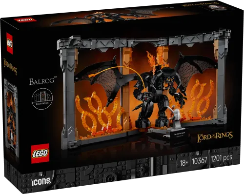 The front of the LEGO box for The Lord of the Rings: Balrog Book Nook set, showing the Balrog and Gandalf inside a book-like frame, surrounded by fiery elements.