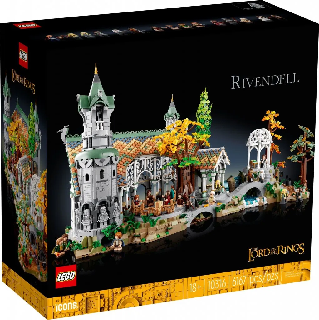 The Lord of the Rings Rivendell LEGO set box, showing the full model assembled, with a black background and golden detailing.