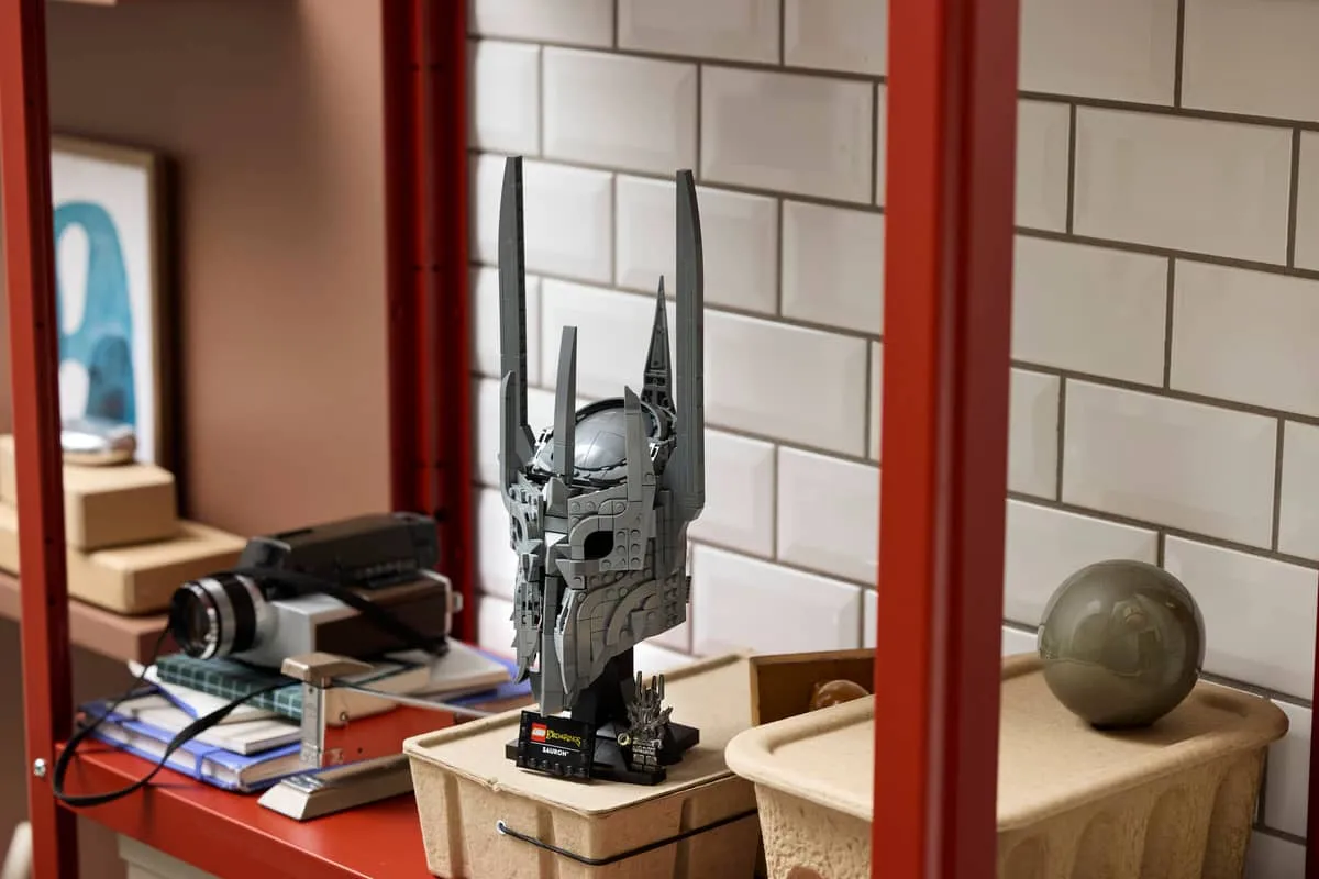 Sauron's Helmet on tiled shelf.