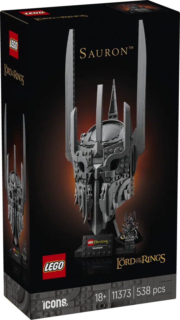 Front view of the LEGO Lord of the Rings Sauron's Helmet box, showing the grey helmet model and a small Sauron minifigure.
