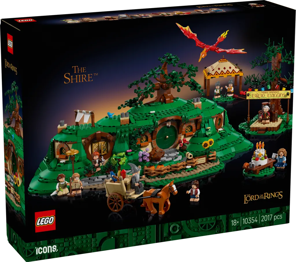 The Lord of the Rings: The Shire™ Lego set box art featuring Bag End, the Party Tree, and hobbit party elements.