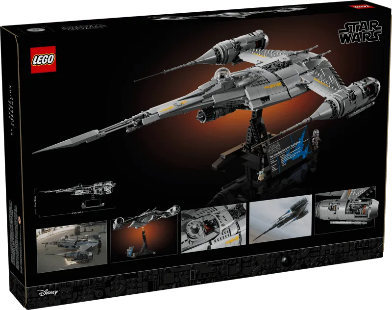 Back view of the Lego N-1 Starfighter UCS box, featuring the built model on a display stand, close-ups of features, and minifigures.