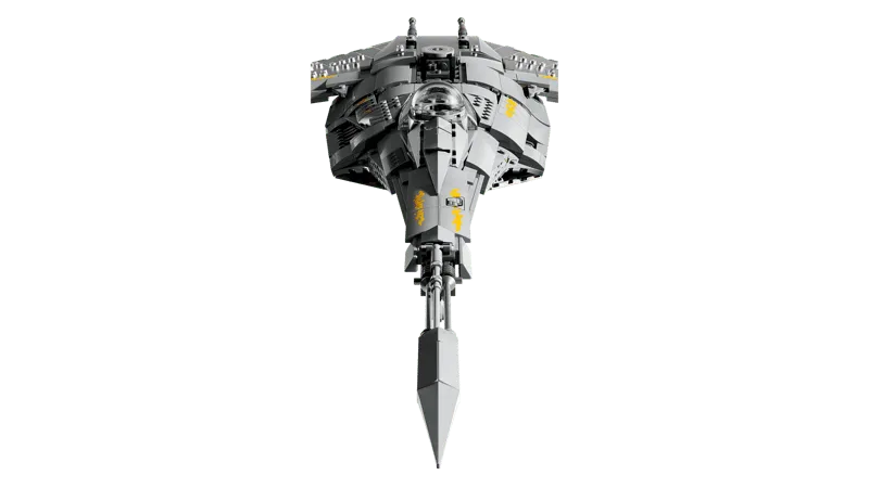 Front-on view of the built Lego N-1 Starfighter UCS model, highlighting its sleek, pointed nose and symmetrical design.