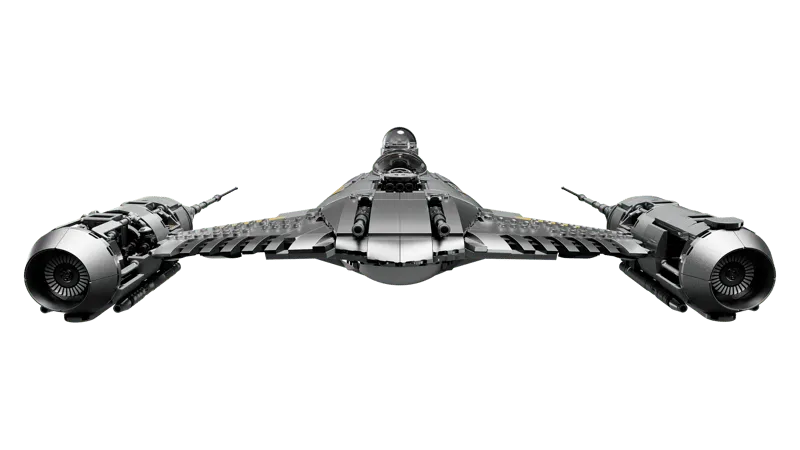 Slightly elevated front view of the built Lego N-1 Starfighter UCS model, showcasing its powerful engines and dynamic stance.