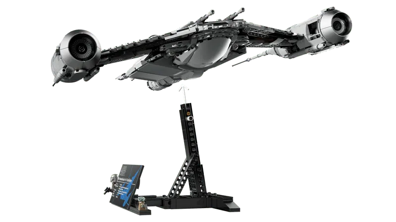 Underside view of the Lego N-1 Starfighter UCS model on its display stand, showing the clean lines and the detailed stand base with minifigures.