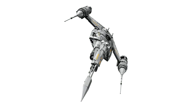 Dynamic angled shot of the Lego N-1 Starfighter UCS model, posed as if in mid-flight, emphasizing its sleek lines and motion.