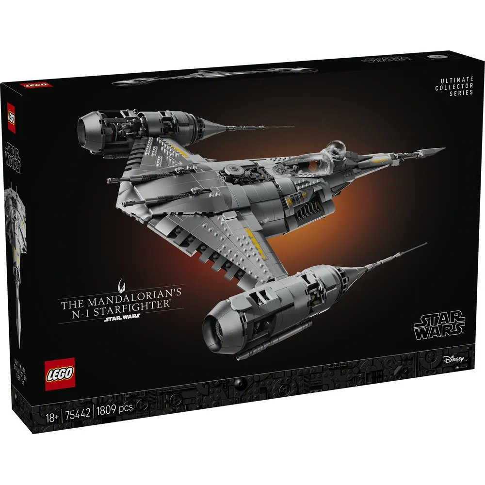 Front view of the Lego The Mandalorian's N-1 Starfighter™ (UCS) 75442 box, showcasing the starfighter in flight against a dark background, with product details and logos.