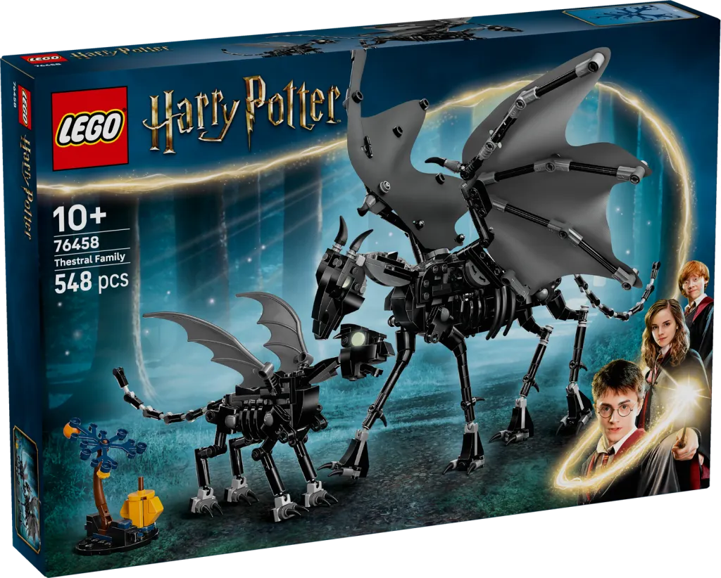 Front of the LEGO Harry Potter Thestral Family set box, featuring the adult and baby Thestrals with Harry Potter, Hermione Granger, and Ron Weasley.